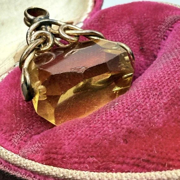 Antique Gold Fill Citrine Glass Fob Charm Pendant - Picture 15 of 15